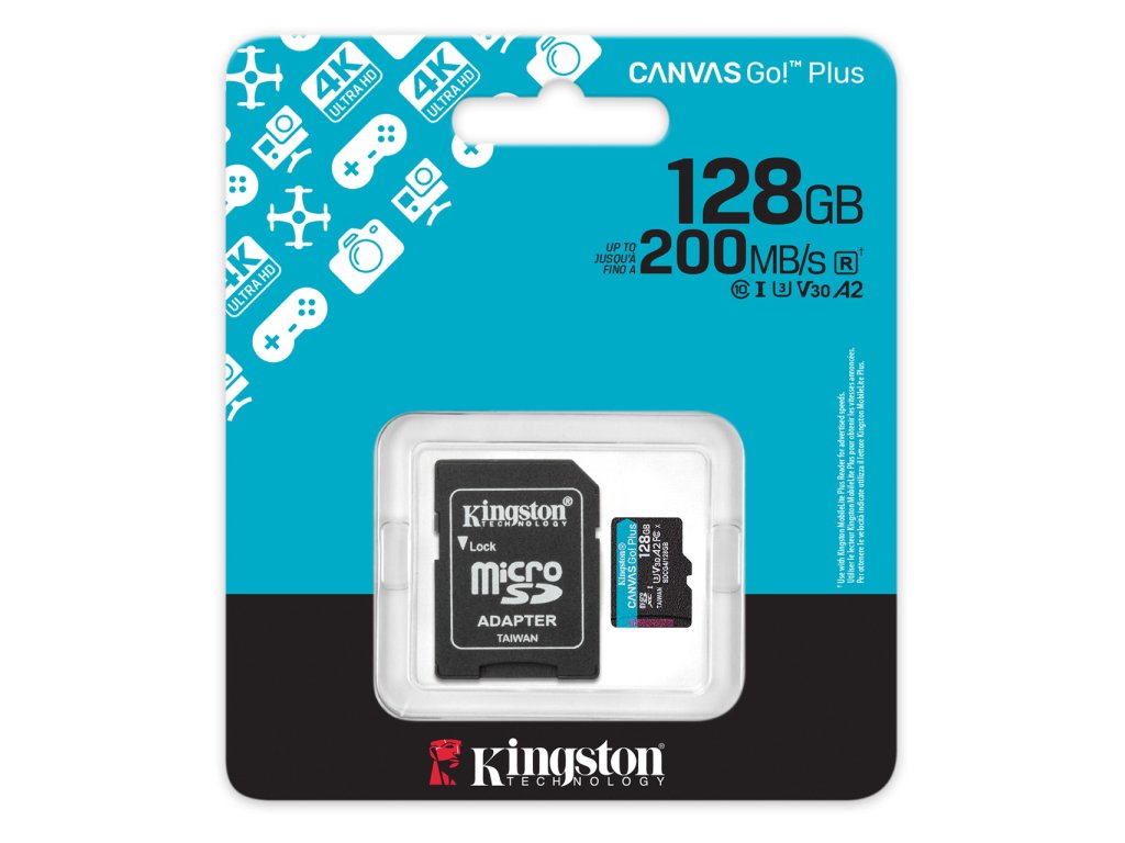 KINGSTON Micro SDXC 128GB Canvas Go! Plus C10 + SD Adapter, A2, V30, U3, up to 200 MB/s, 4K UHD
